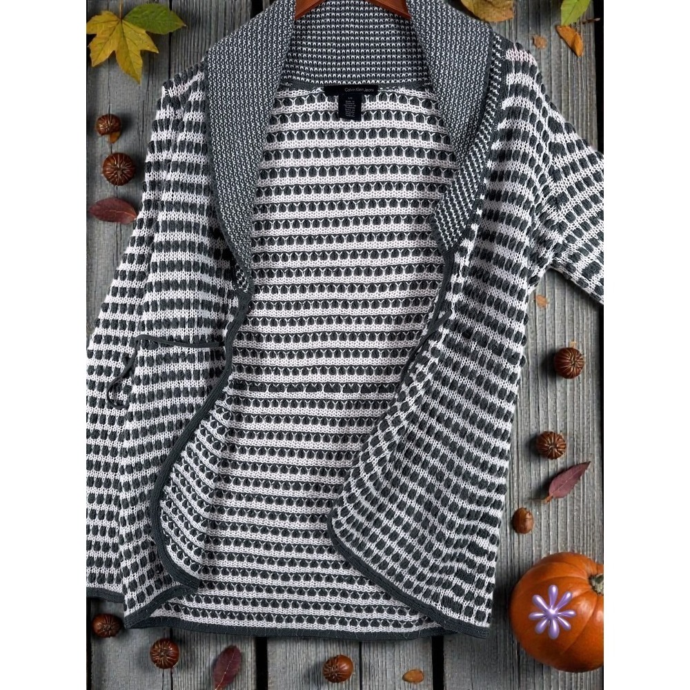 CALVIN KLEIN JEANS Open Knit Shawl Collar‎ Cardigan | Gray & White | W | LARGE
